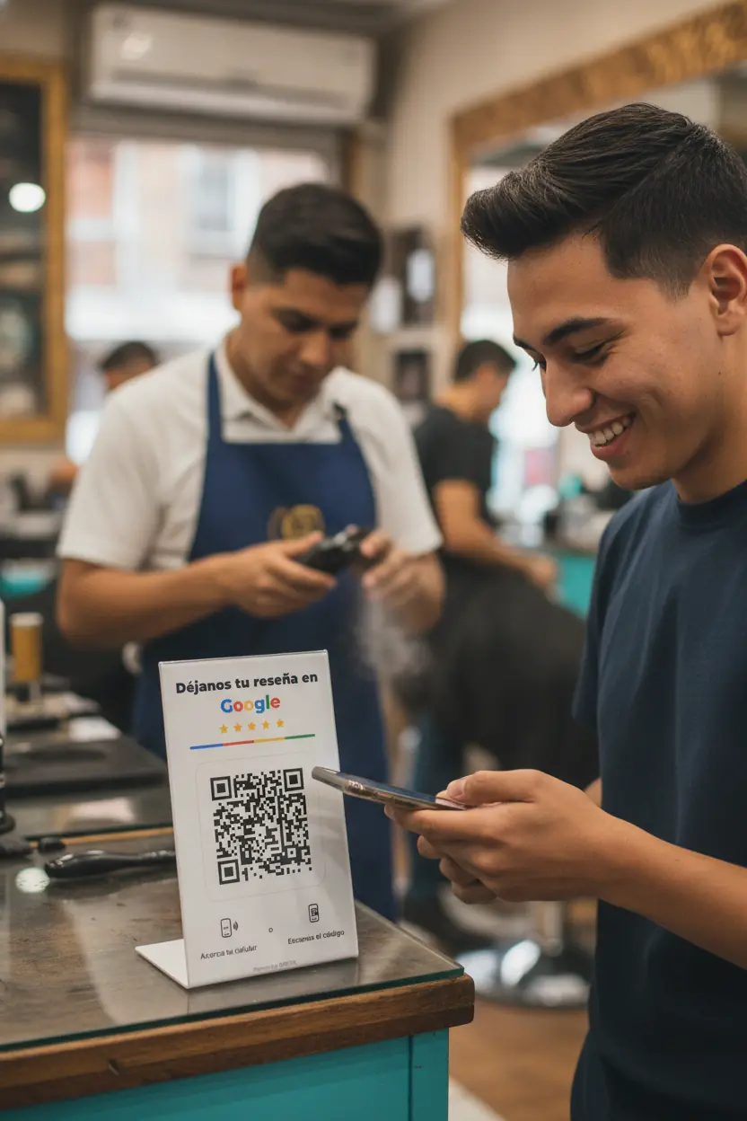 Cliente de una barbería acercando su celular al stand blanco de reseñas de Google sobre el mostrador