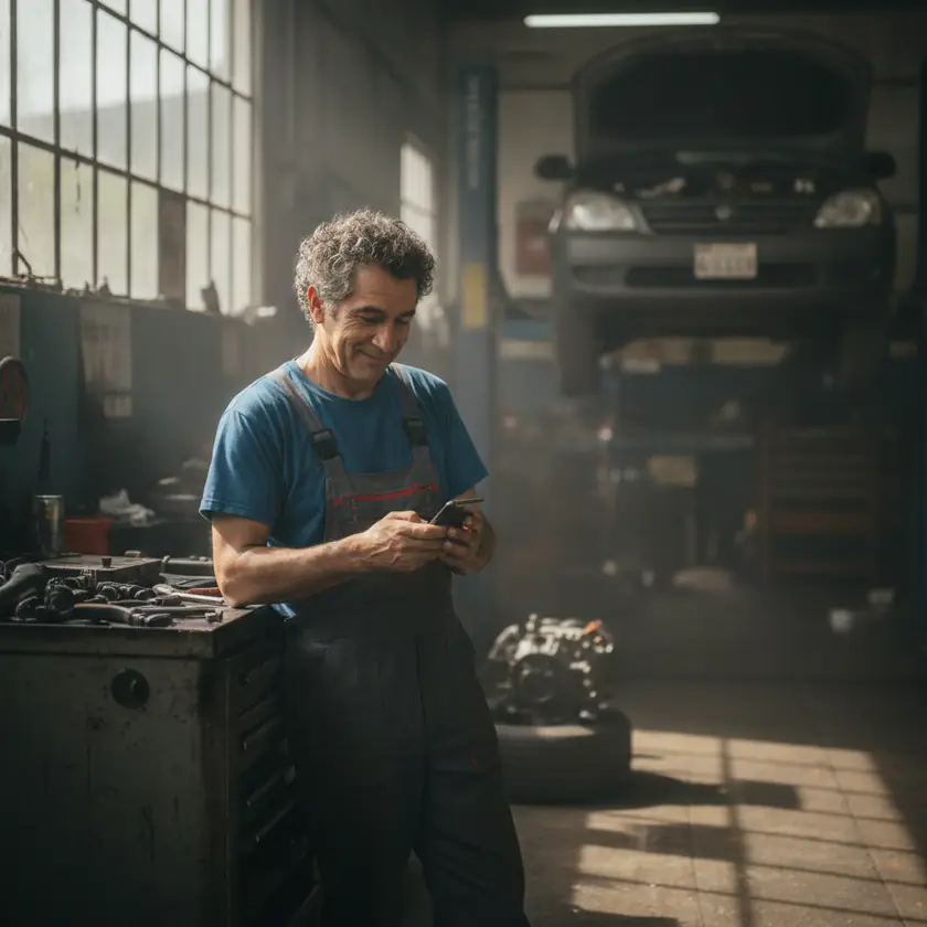 Dueño de un taller mecánico leyendo en su celular una reseña nueva de un cliente, con un carro en el elevador detrás