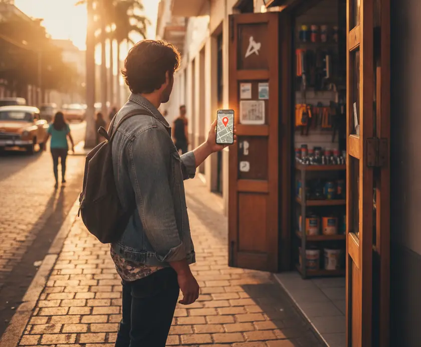 Un cliente en la calle encuentra en Google Maps la ferretería que buscaba, justo frente a él