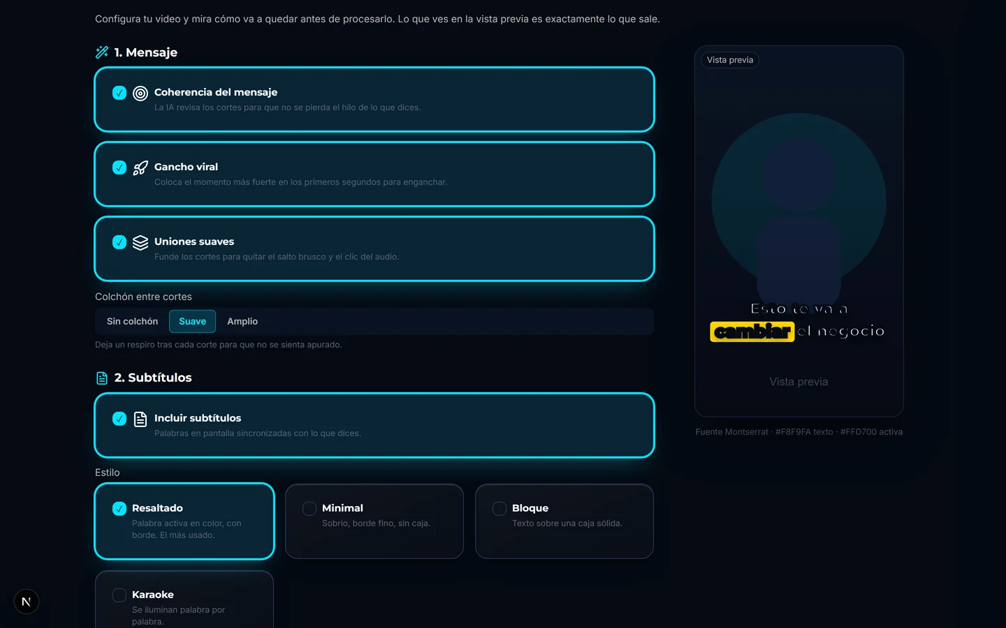 Editor de video AGETIX Motion: opciones de mensaje, subtítulos y vista previa vertical