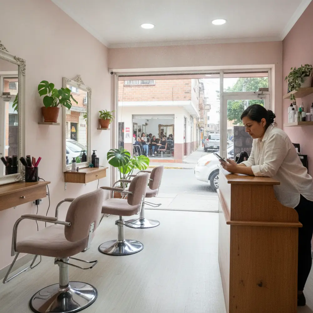 Dueña de un salón de belleza vacío mirando preocupada su celular mientras el salón de enfrente está lleno de clientes