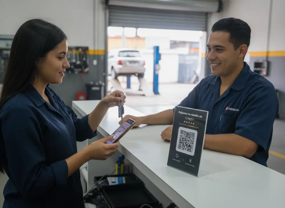 Clienta de un taller mecánico acercando su celular a la ficha negra de reseñas de Google sobre el mostrador mientras el mecánico sonríe