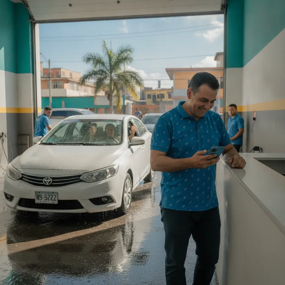 Dueño de un lavadero de carros sonriendo al ver en su celular una reseña nueva de 5 estrellas mientras un cliente se va contento