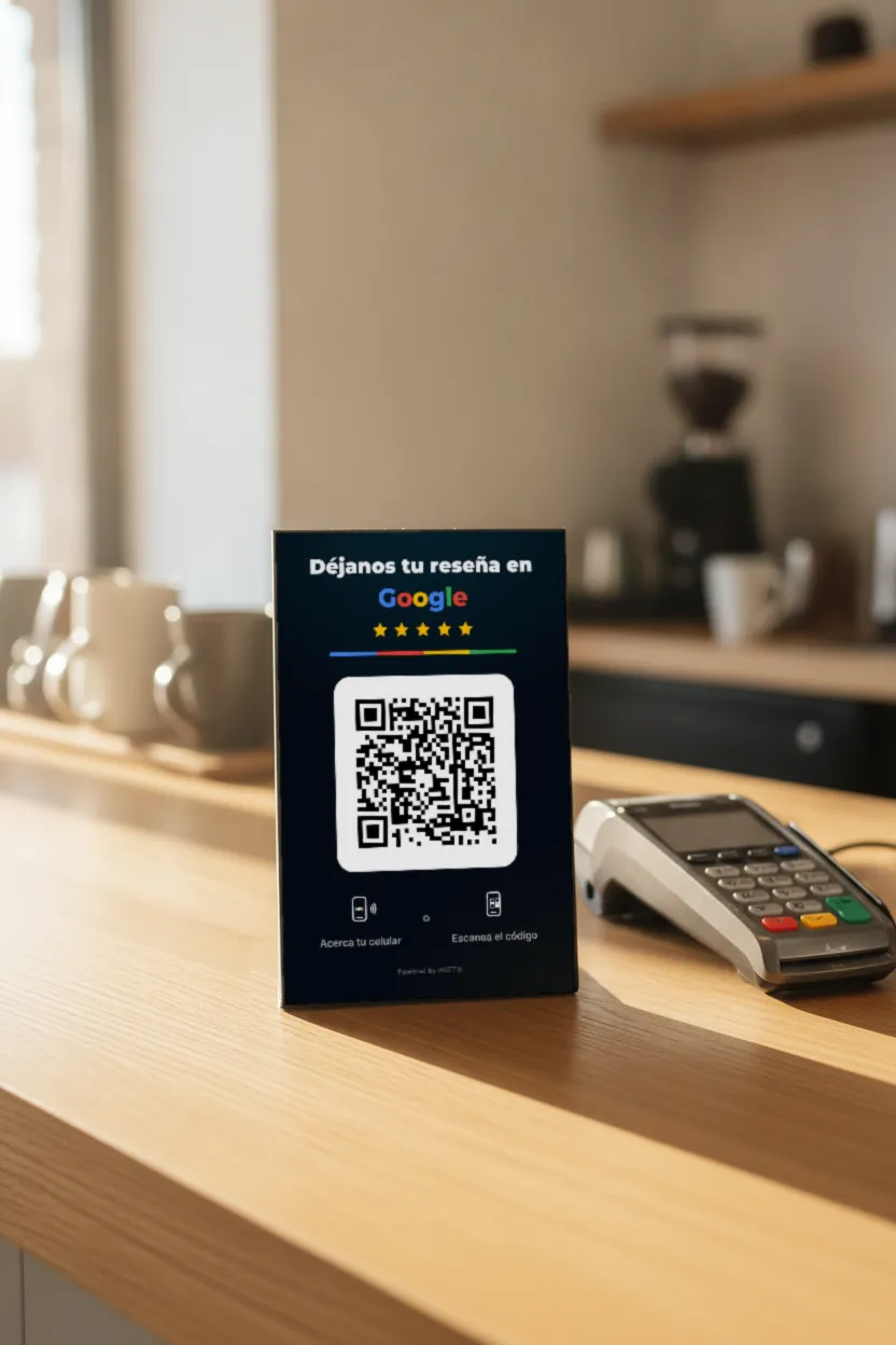Stand negro de reseñas de Google de AGETIX sobre el mostrador de madera de una cafetería, junto al datáfono