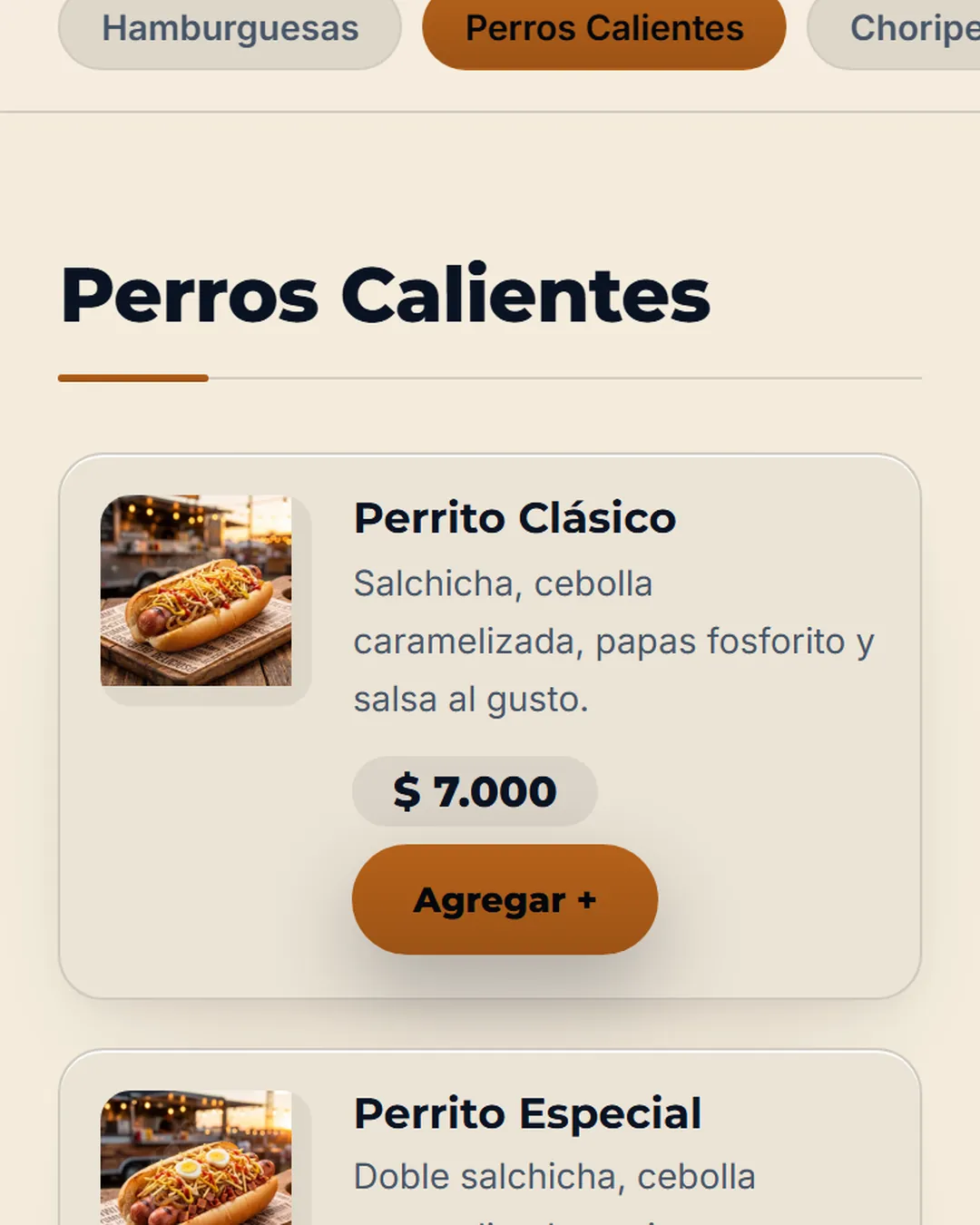 Perros calientes, Cada plato con su foto