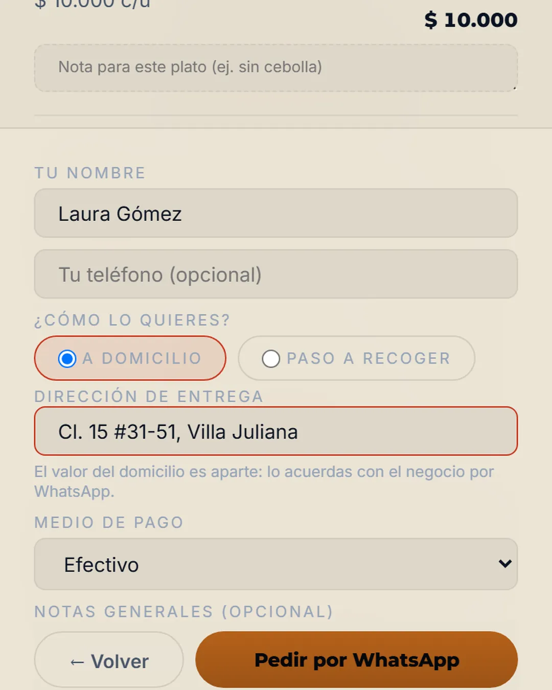 Datos de entrega y botón Pedir por WhatsApp de la carta digital