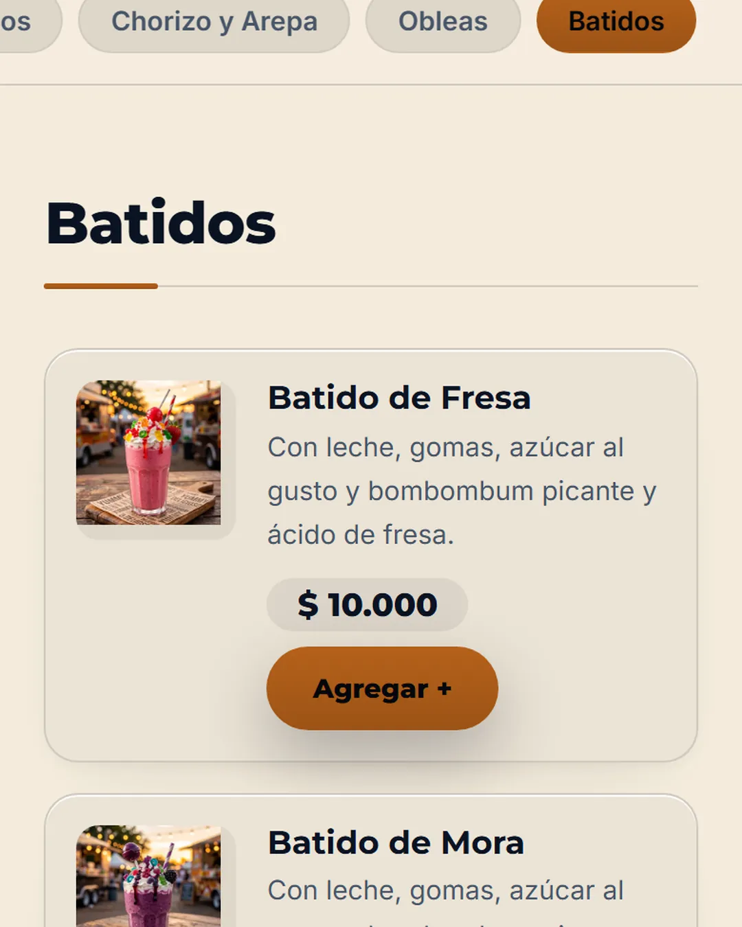 Batidos, Descripción y precio claros