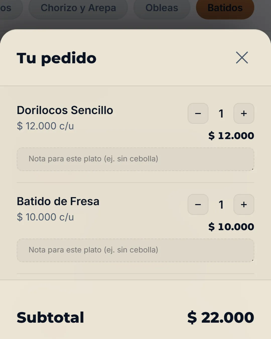 Carrito de la carta digital con dos platos y el subtotal