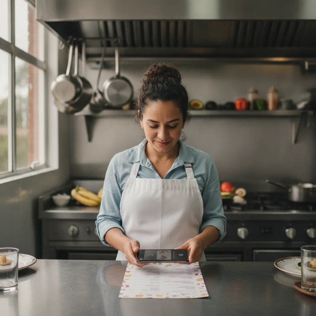 Dueña de restaurante tomando una foto de su carta impresa en la cocina