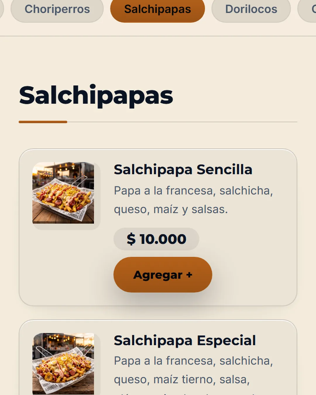 Salchipapas, Un toque y al pedido