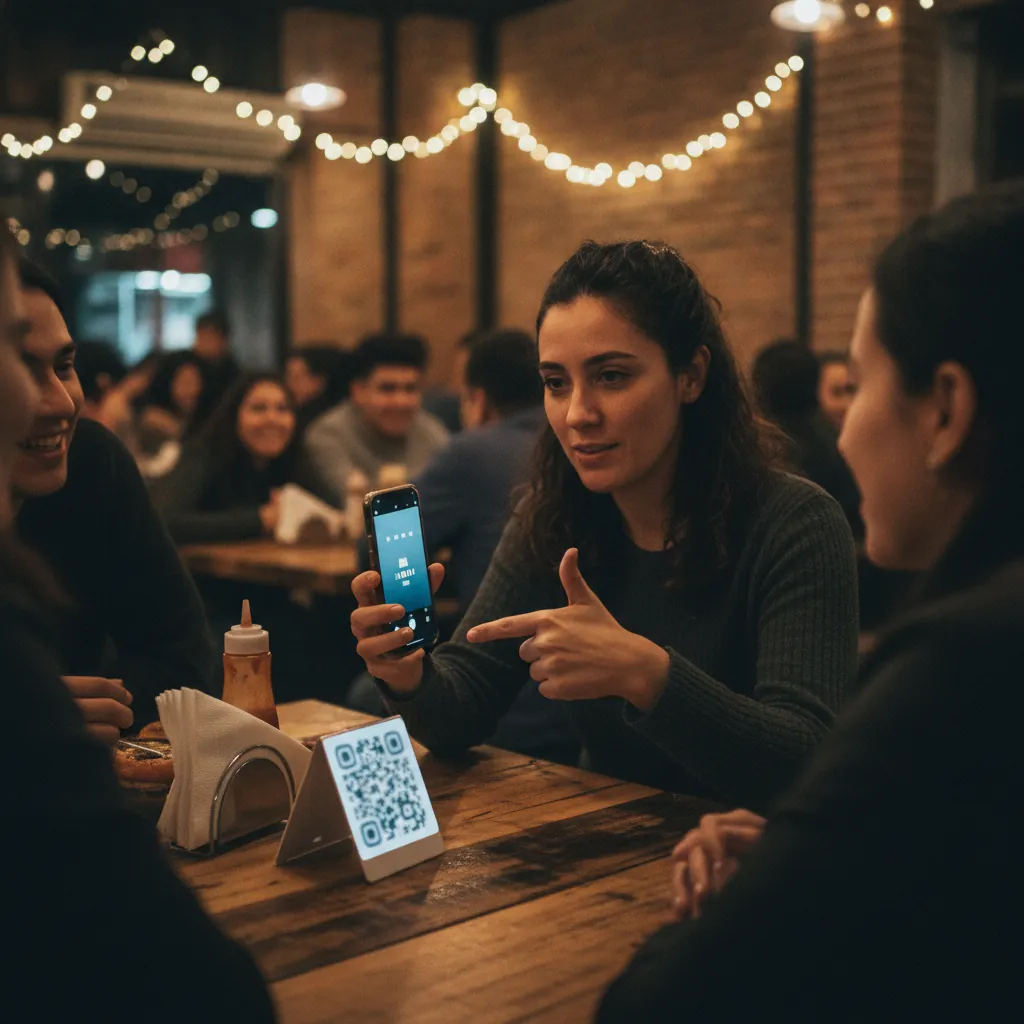 Clienta en la mesa de un restaurante con el celular y un QR de carta sobre la mesa