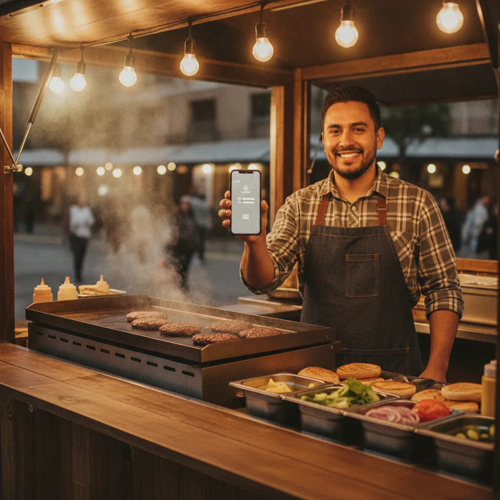 Dueño de un tráiler de hamburguesas mostrando un pedido en su celular junto a la plancha